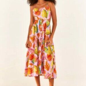 NWT Farm Rio Lilac Beaks and Bananas Midi Dress Cut-out Waistline Size Small